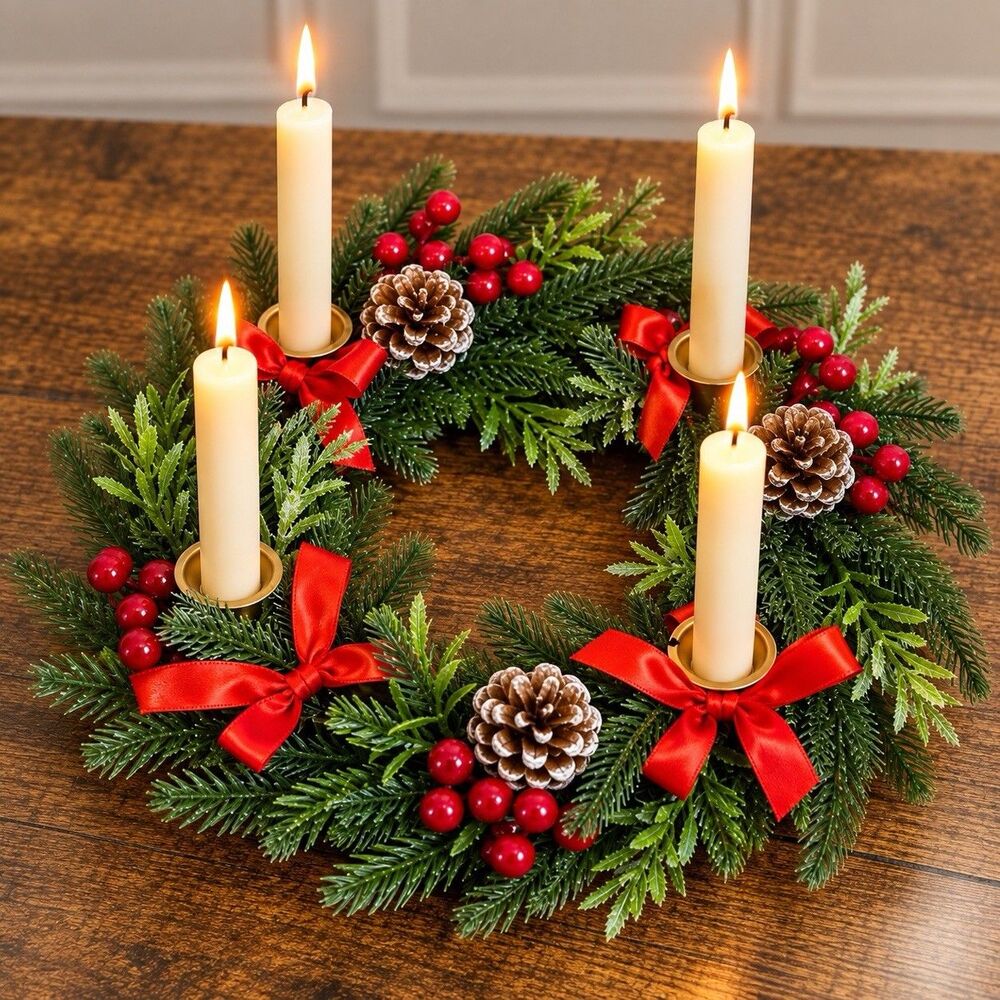 Vintage Christmas Wreath 4 Candle Holder Pinecones Berries Red Bow Holiday Decor